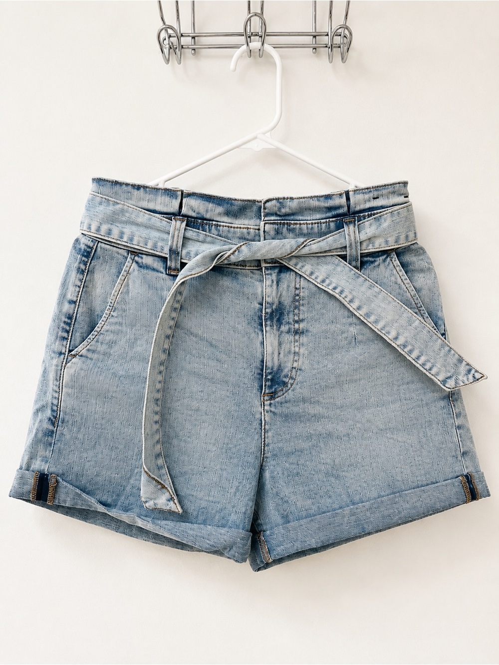 Express Light Blue Denim Paperbag Tie-Waist Shorts
